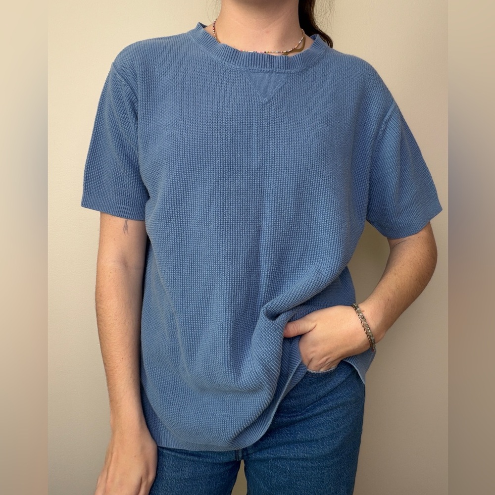 vintage Cotton Ramie 100% natural fiber blue short sleeve textured waffle tee XL